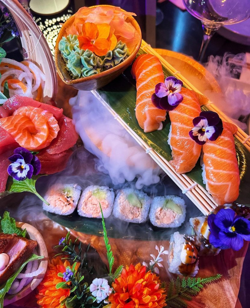 colourful sushi, smoke